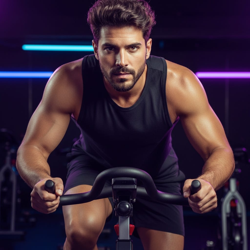 athletic middle_eastern man spin class action 57827181