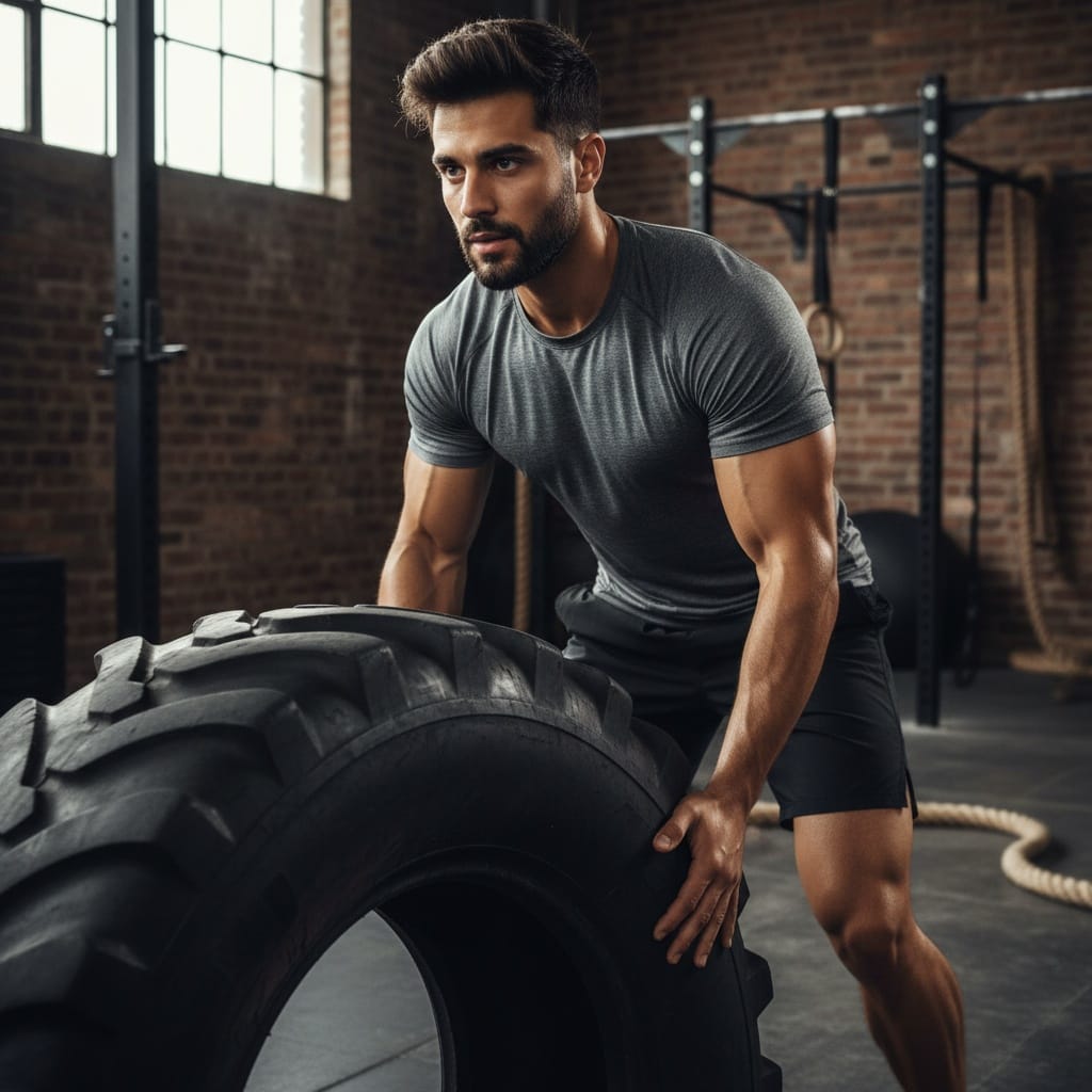 athletic middle_eastern man tire flip strength 82656467