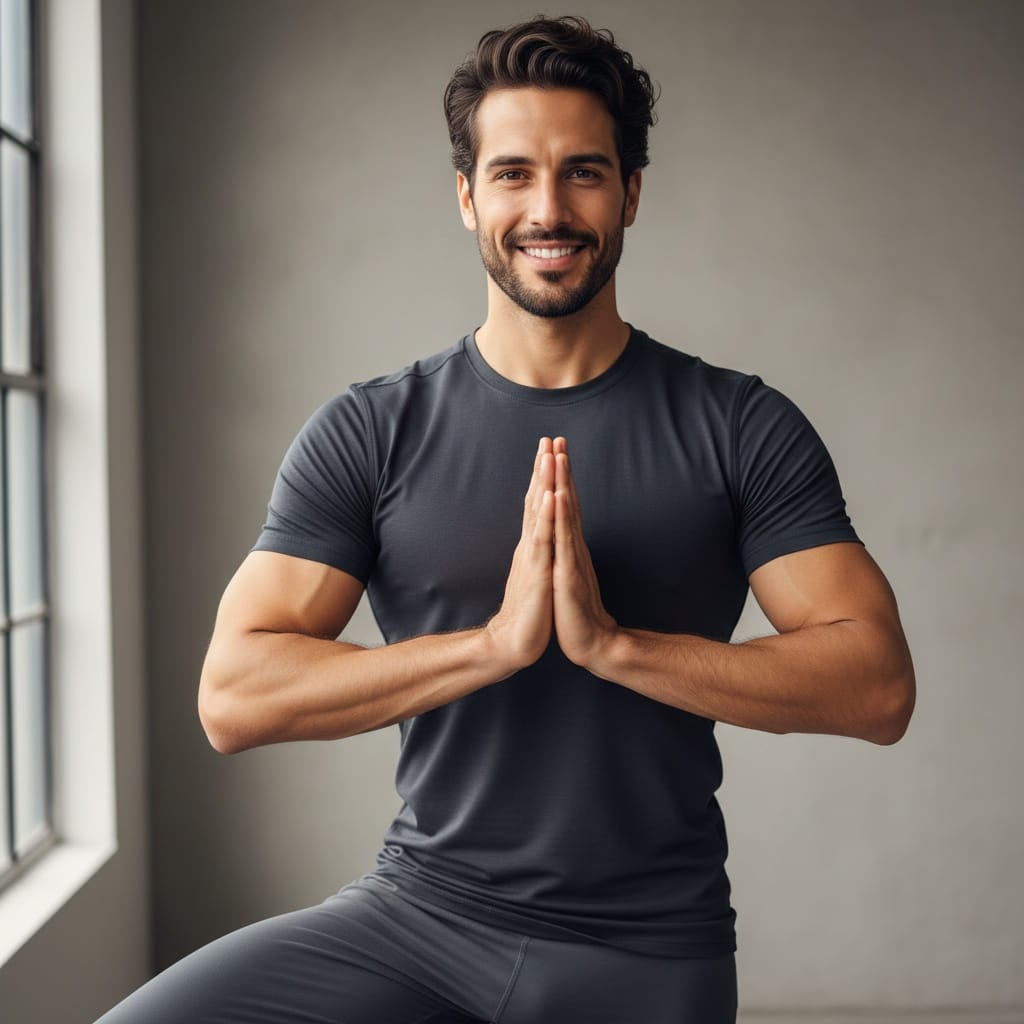 athletic middle_eastern man tree pose balance 96992203