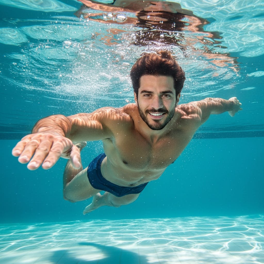 athletic middle_eastern man underwater pool shot 89957298