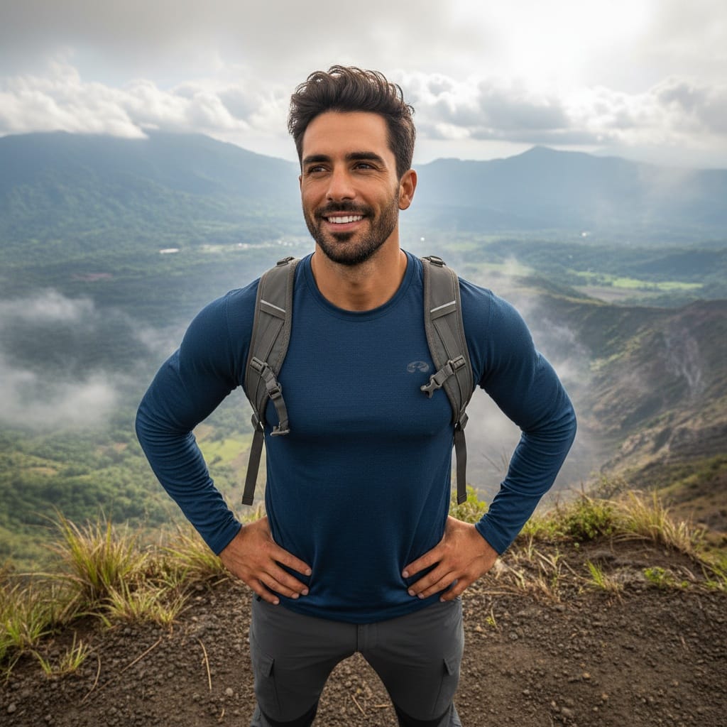 athletic middle_eastern man volcano hiking overlook 96671240