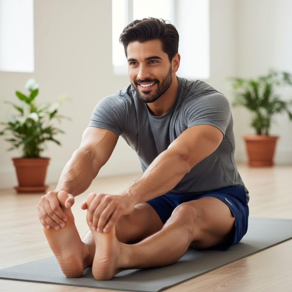 athletic middle_eastern man yoga mat stretching 81955233