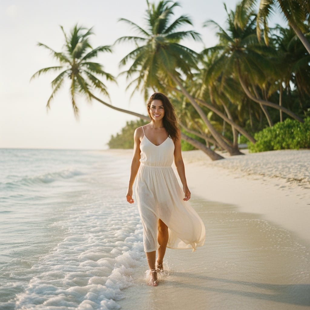 athletic middle_eastern woman tropical beach walk 50082921