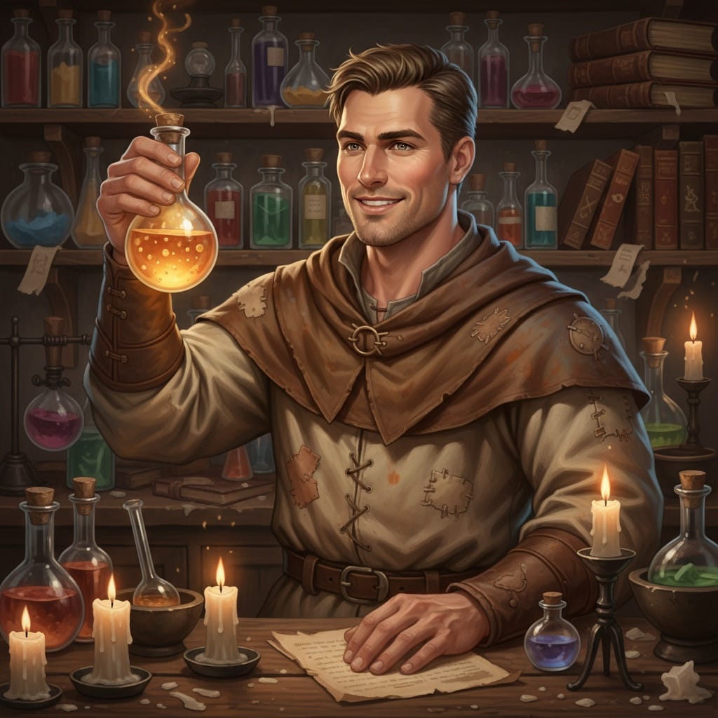 athletic white man alchemist laboratory work 28246944