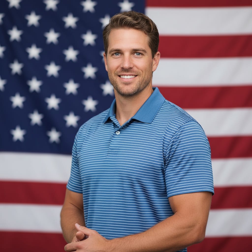 athletic white man american flag portrait 85399582