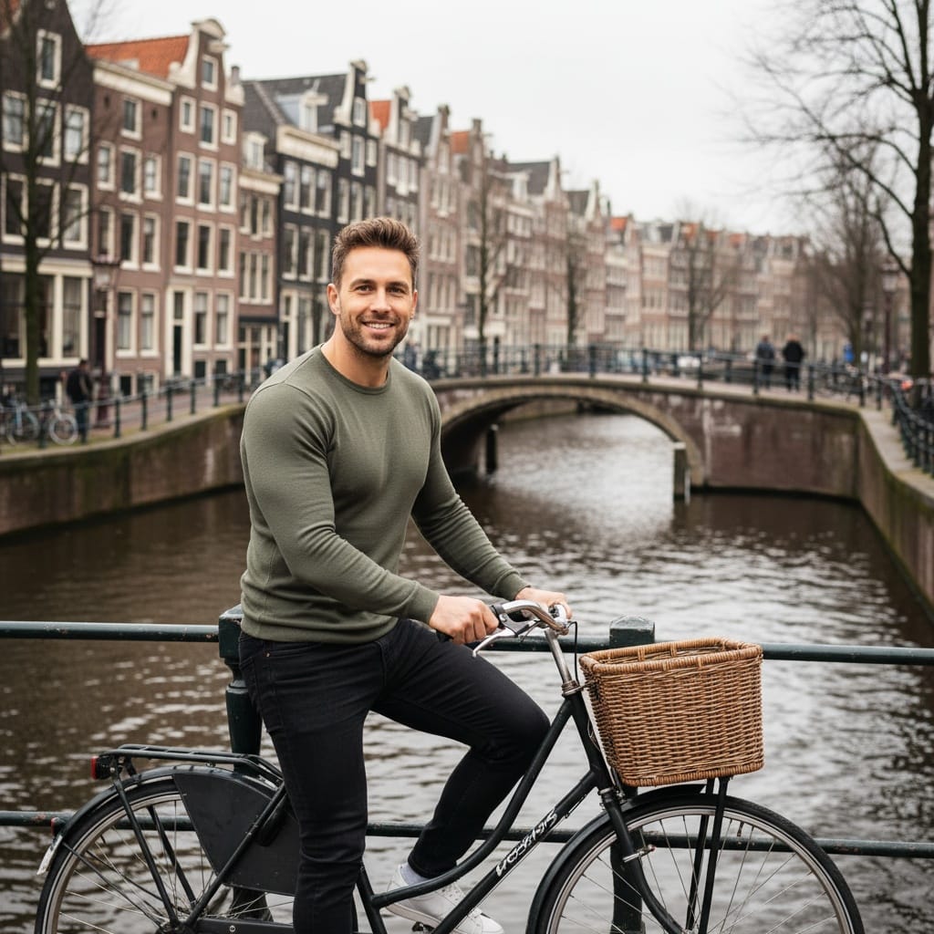 athletic white man amsterdam canal bikes 72950749