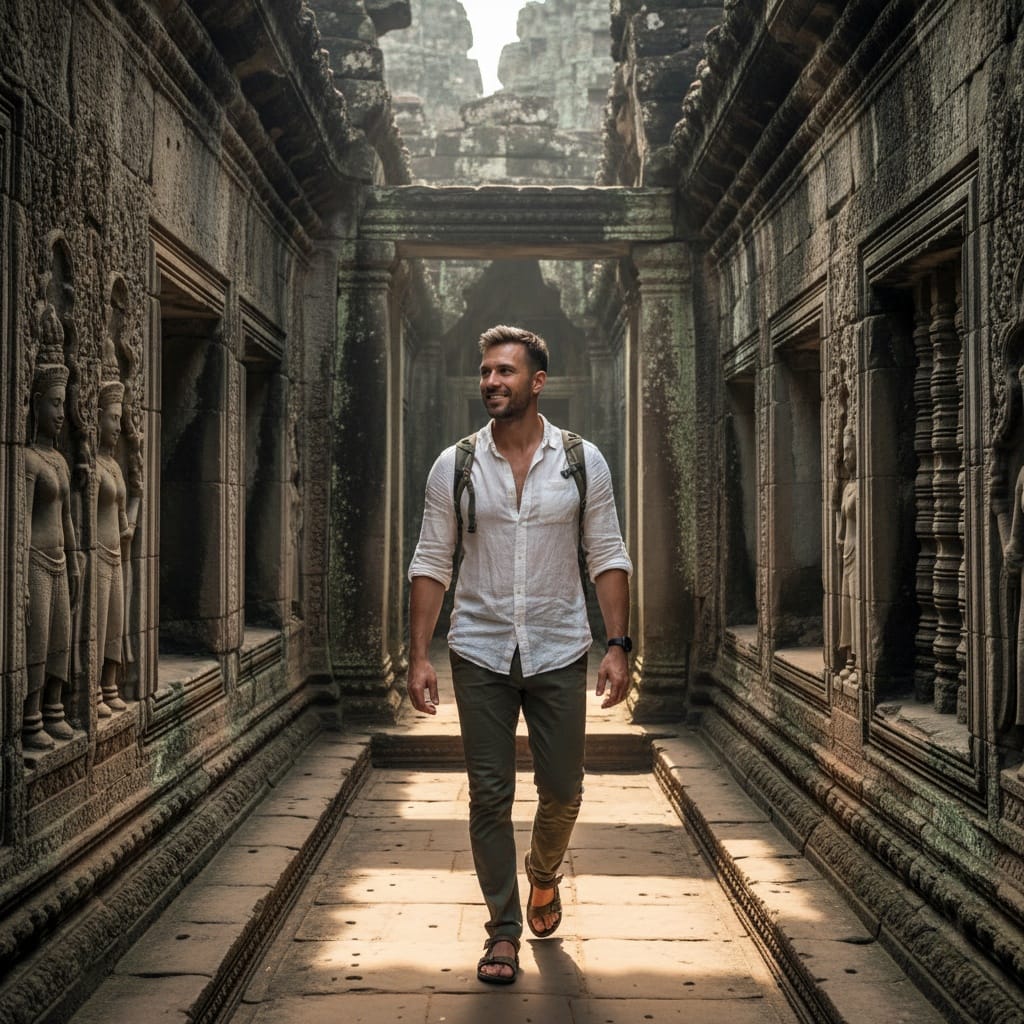 athletic white man angkor wat temple corridor 13972498
