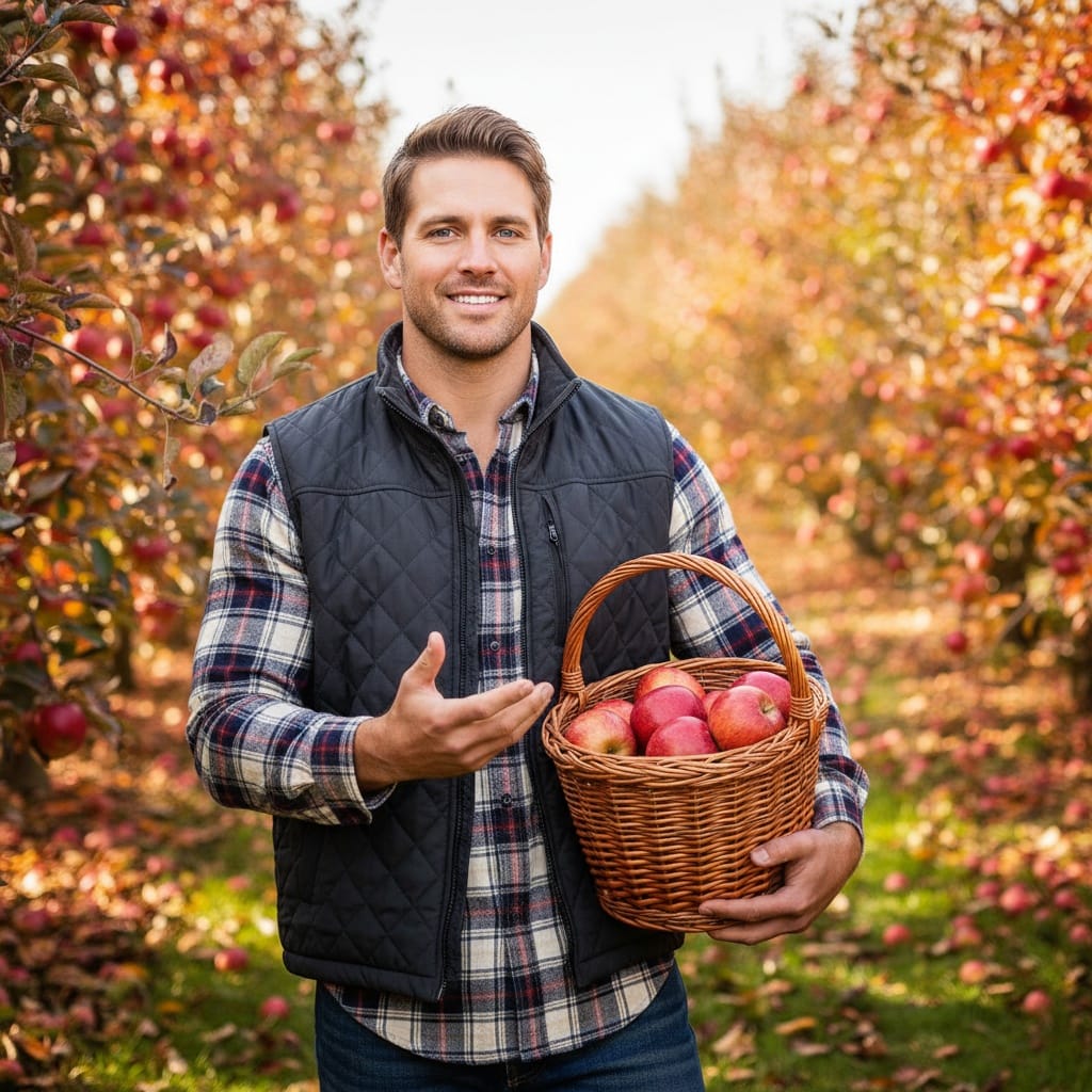 athletic white man apple orchard harvest 83080332