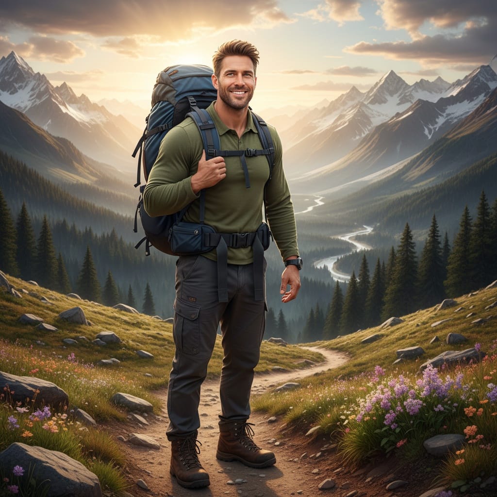 athletic white man backpacking adventure portrait 68959847