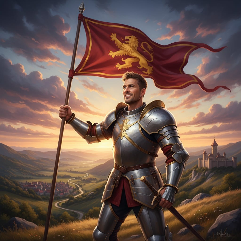 athletic white man banner carrier heroic 72087094