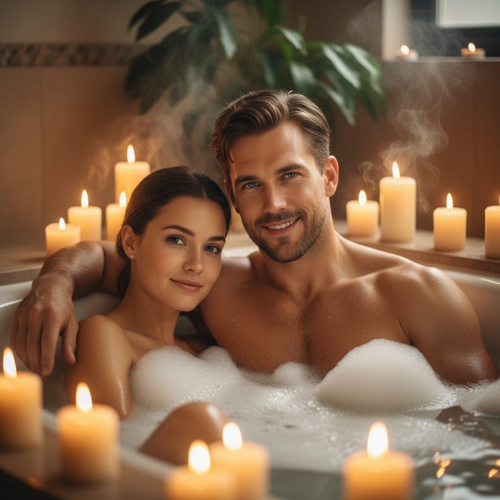athletic white man bathtub romantic scene 73275079