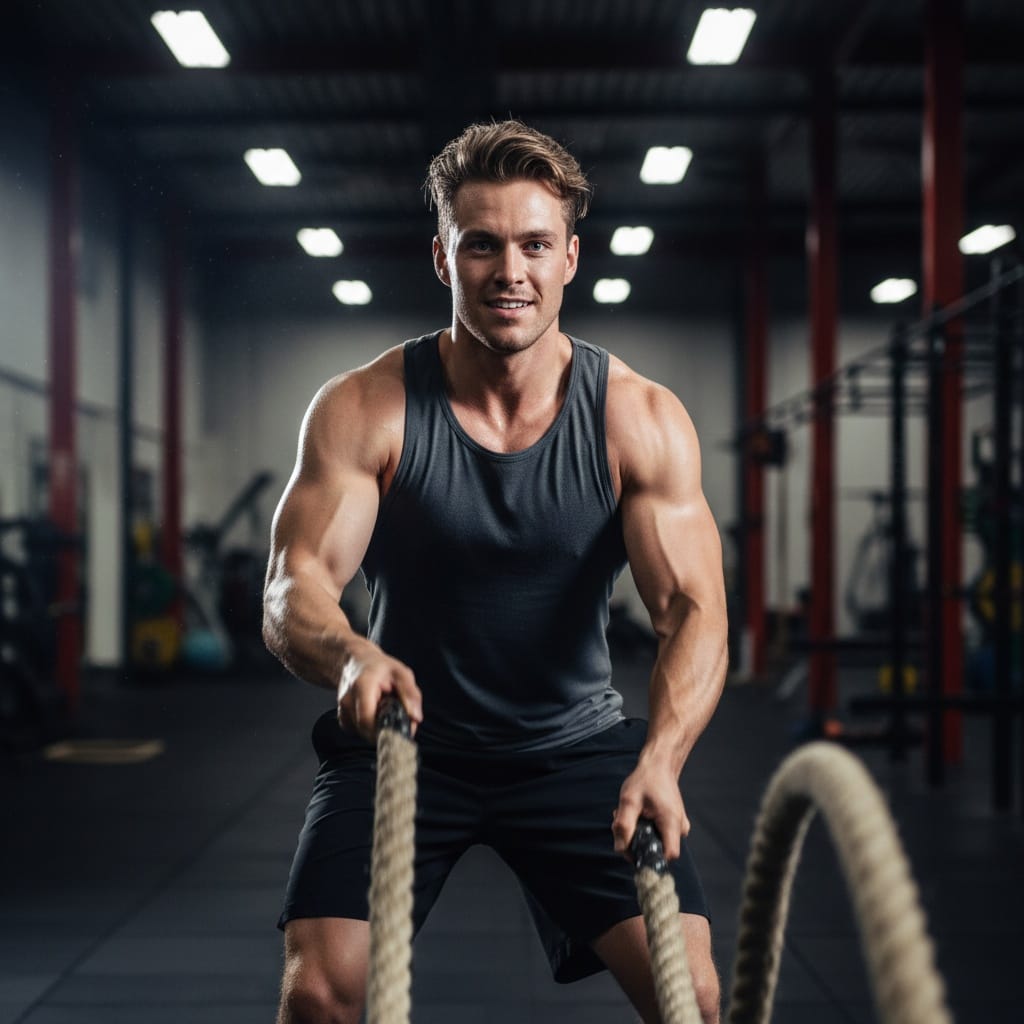 athletic white man battle ropes intensity 22284817