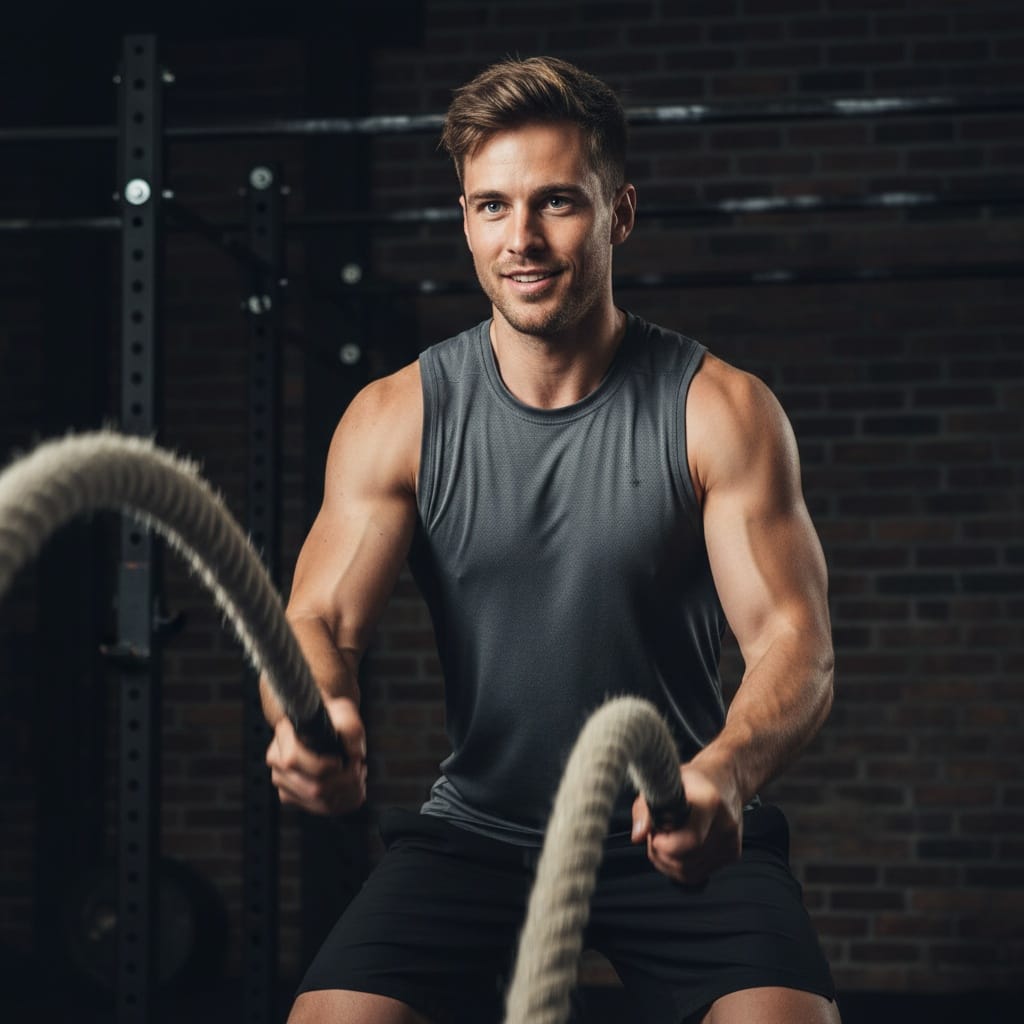 athletic white man battle ropes intensity 35686703