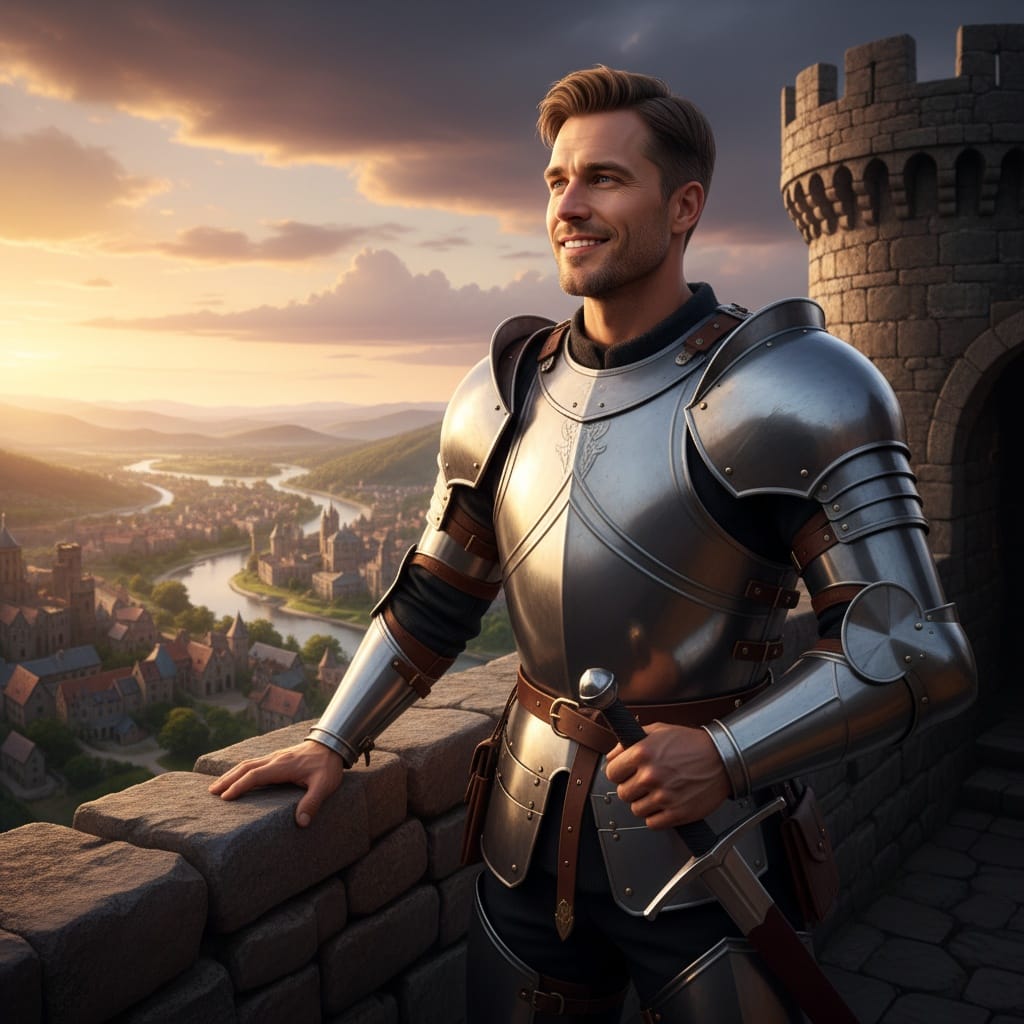 athletic white man battlements overlooking kingdom 74680969
