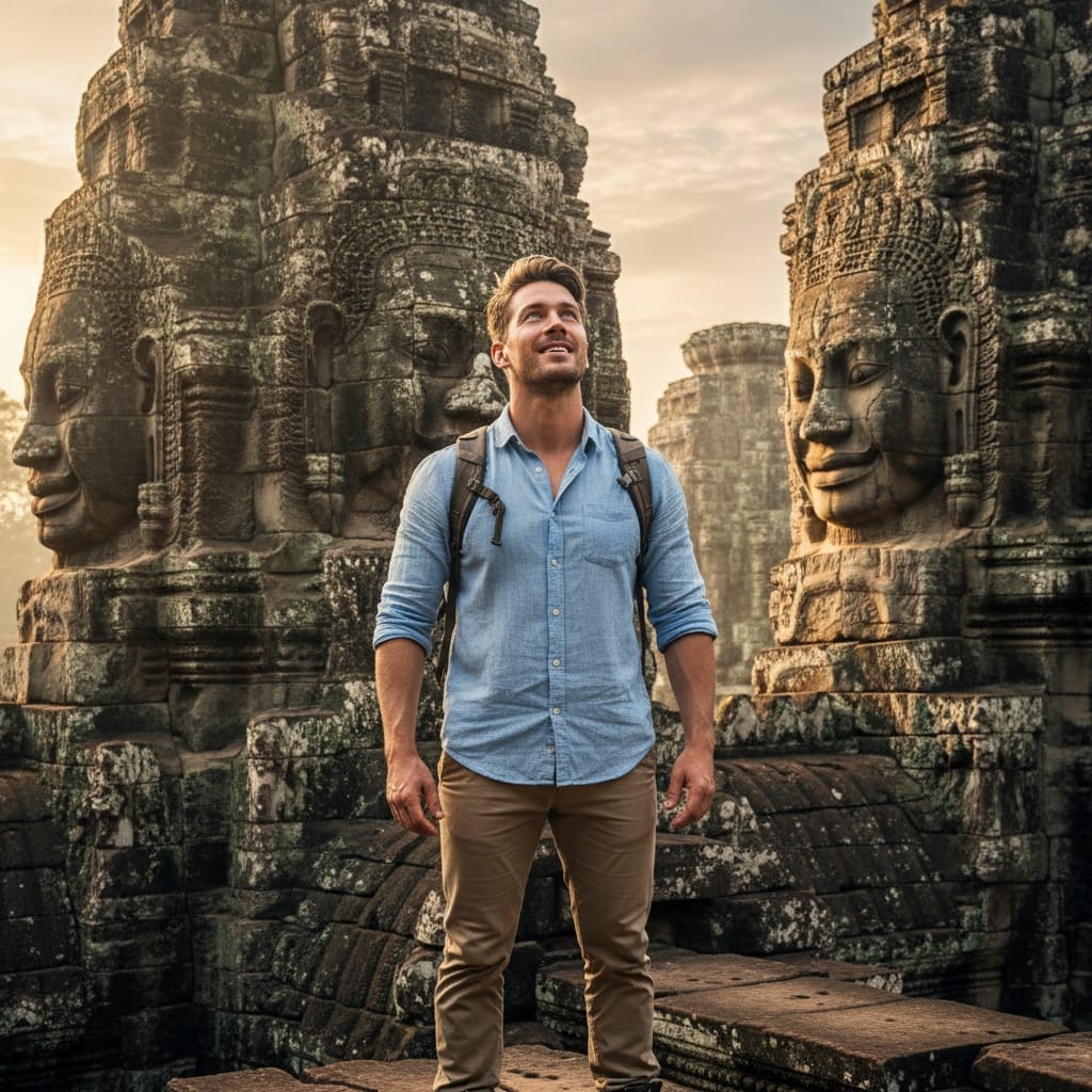 athletic white man bayon temple stone faces 76302730