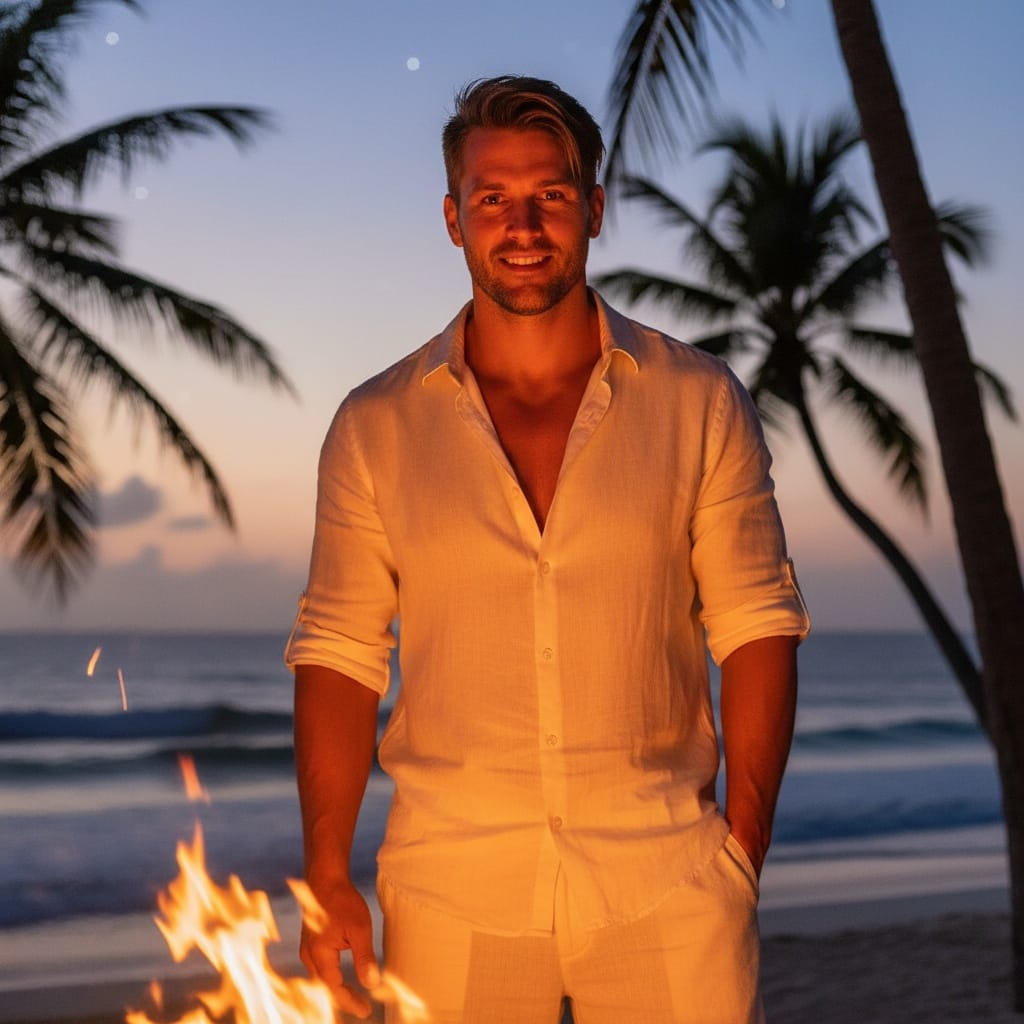 athletic white man beach bonfire evening 60368622