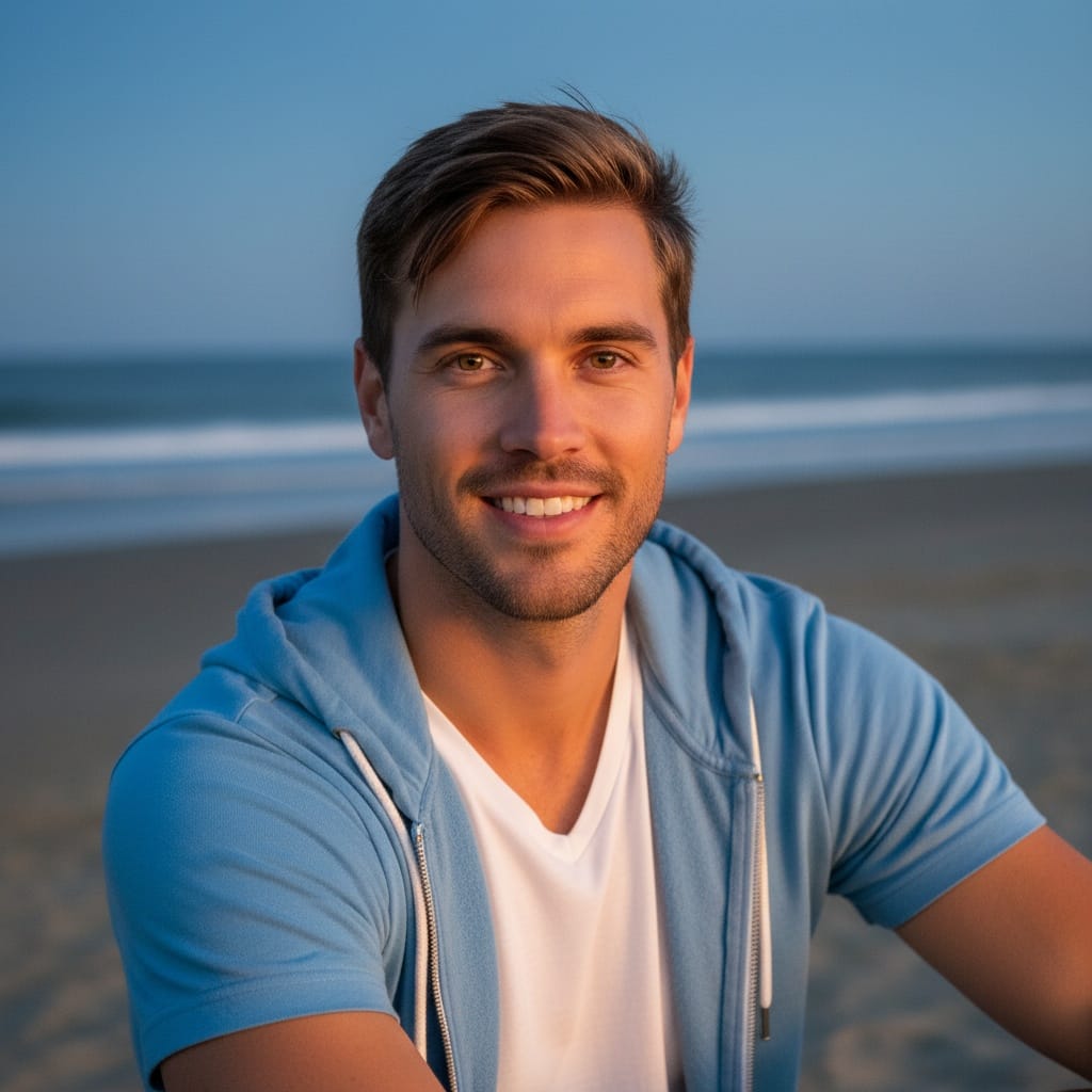 athletic white man beach bonfire evening 61498225