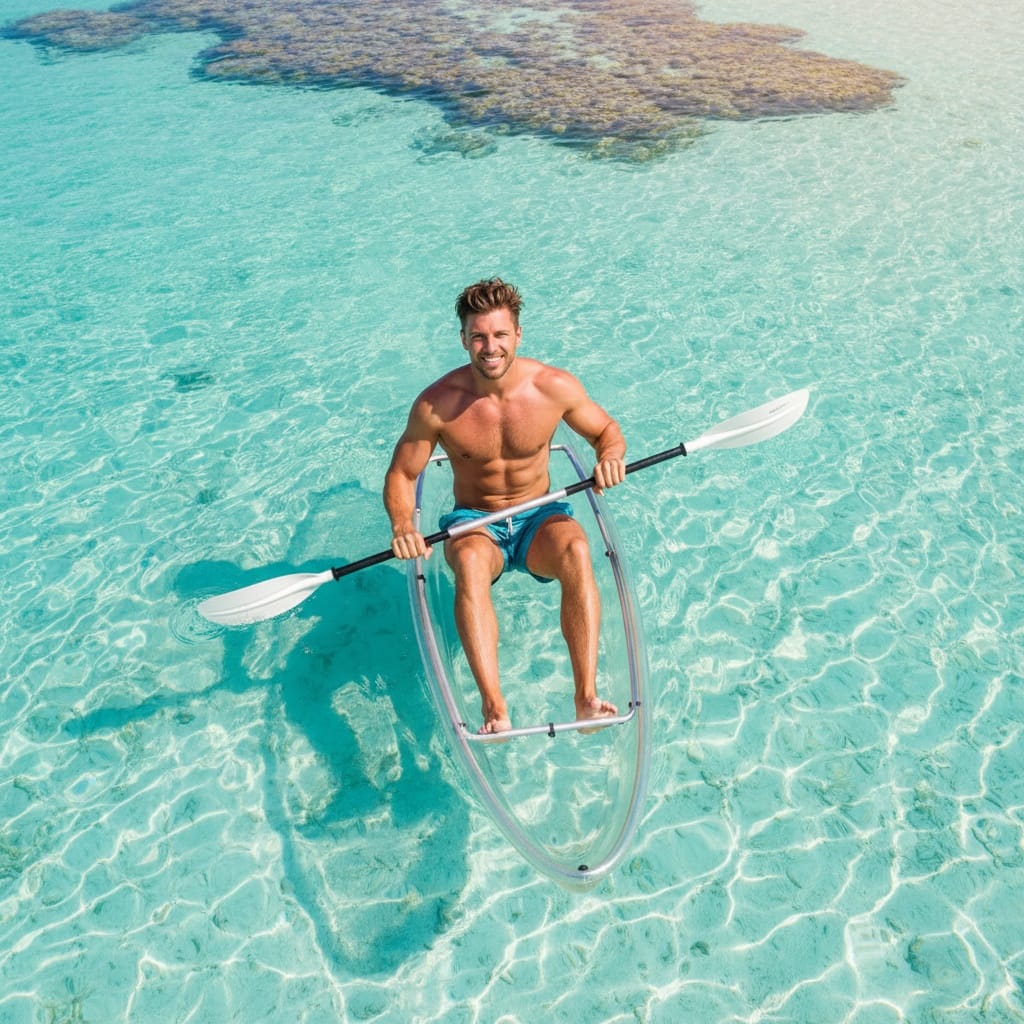 athletic white man beach kayak turquoise water 28654459