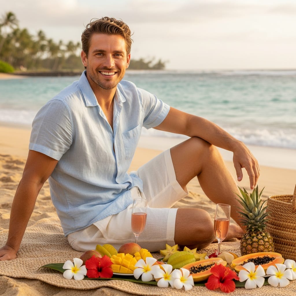 athletic white man beach picnic romantic 54250853