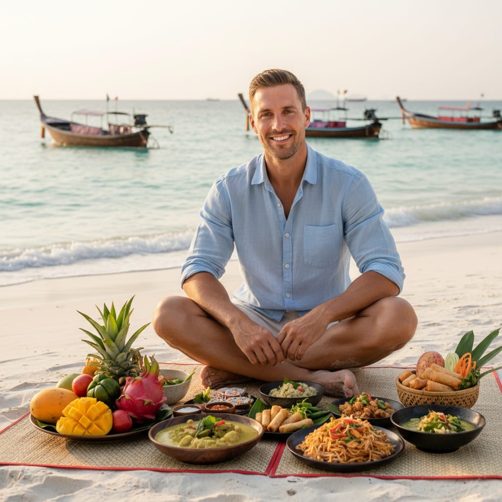 athletic white man beach picnic setup 79713265