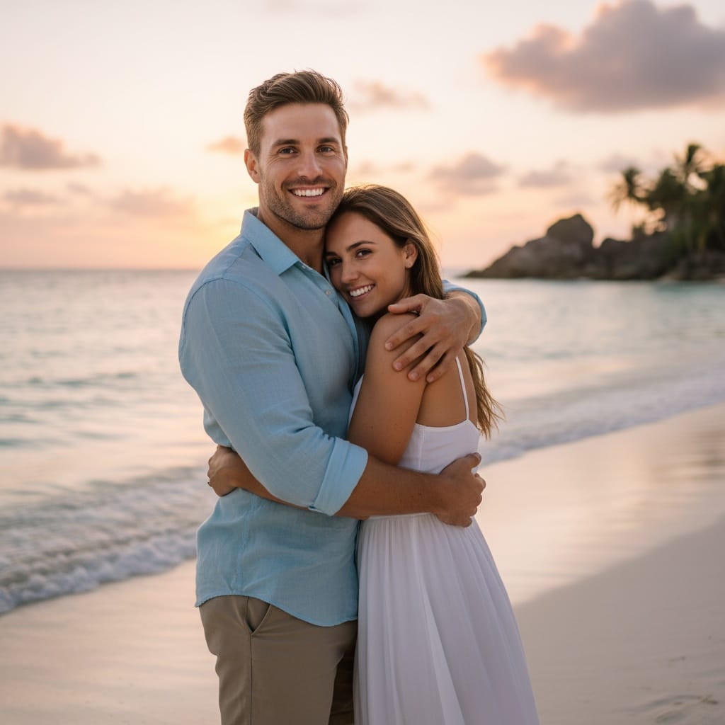 athletic white man beach sunset embrace 12933146