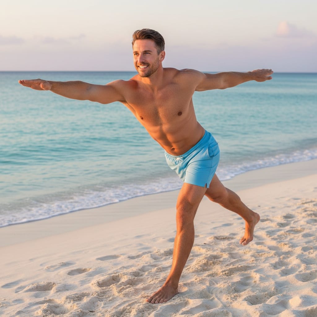 athletic white man beach yoga pose fitness 57368192