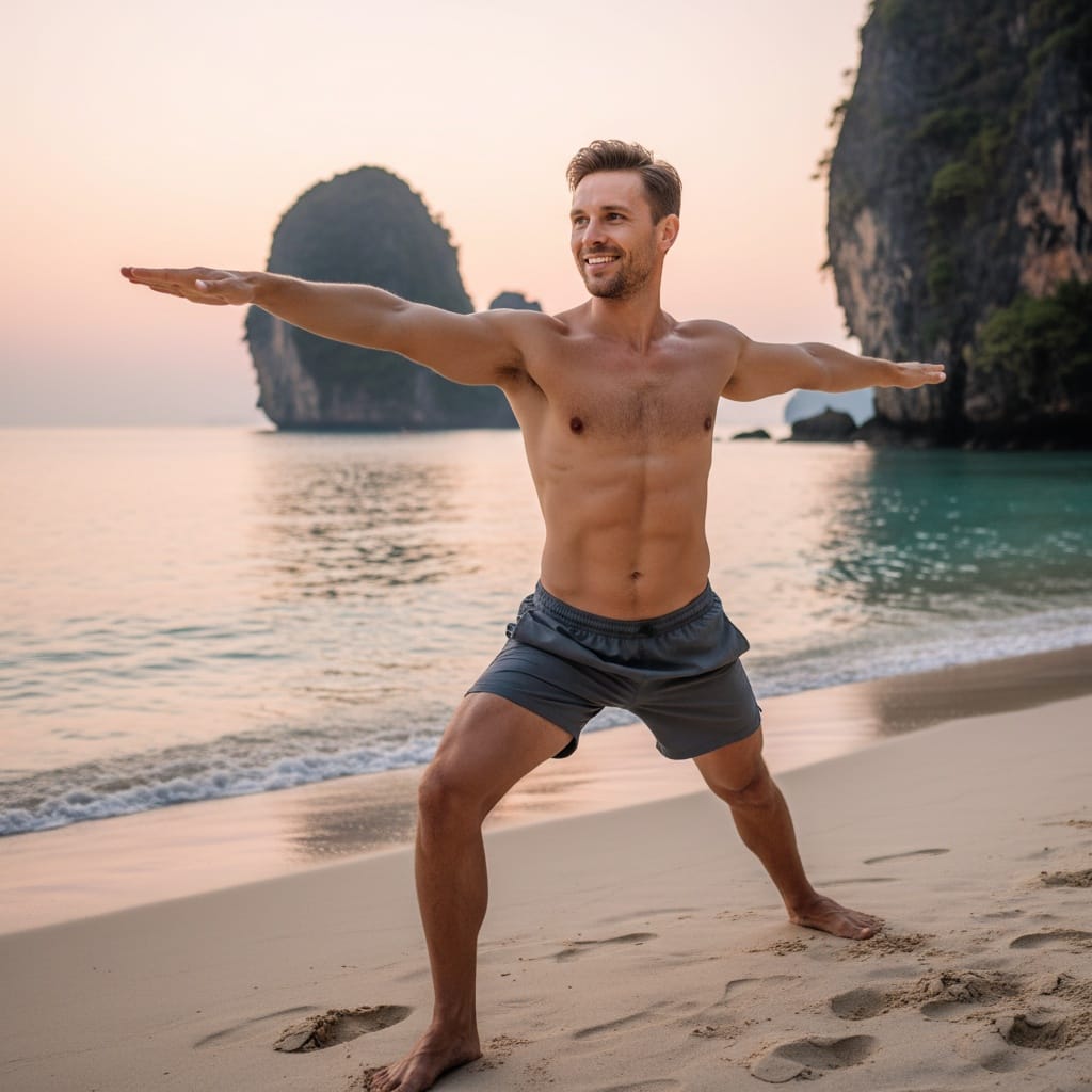 athletic white man beach yoga sunrise 34011939