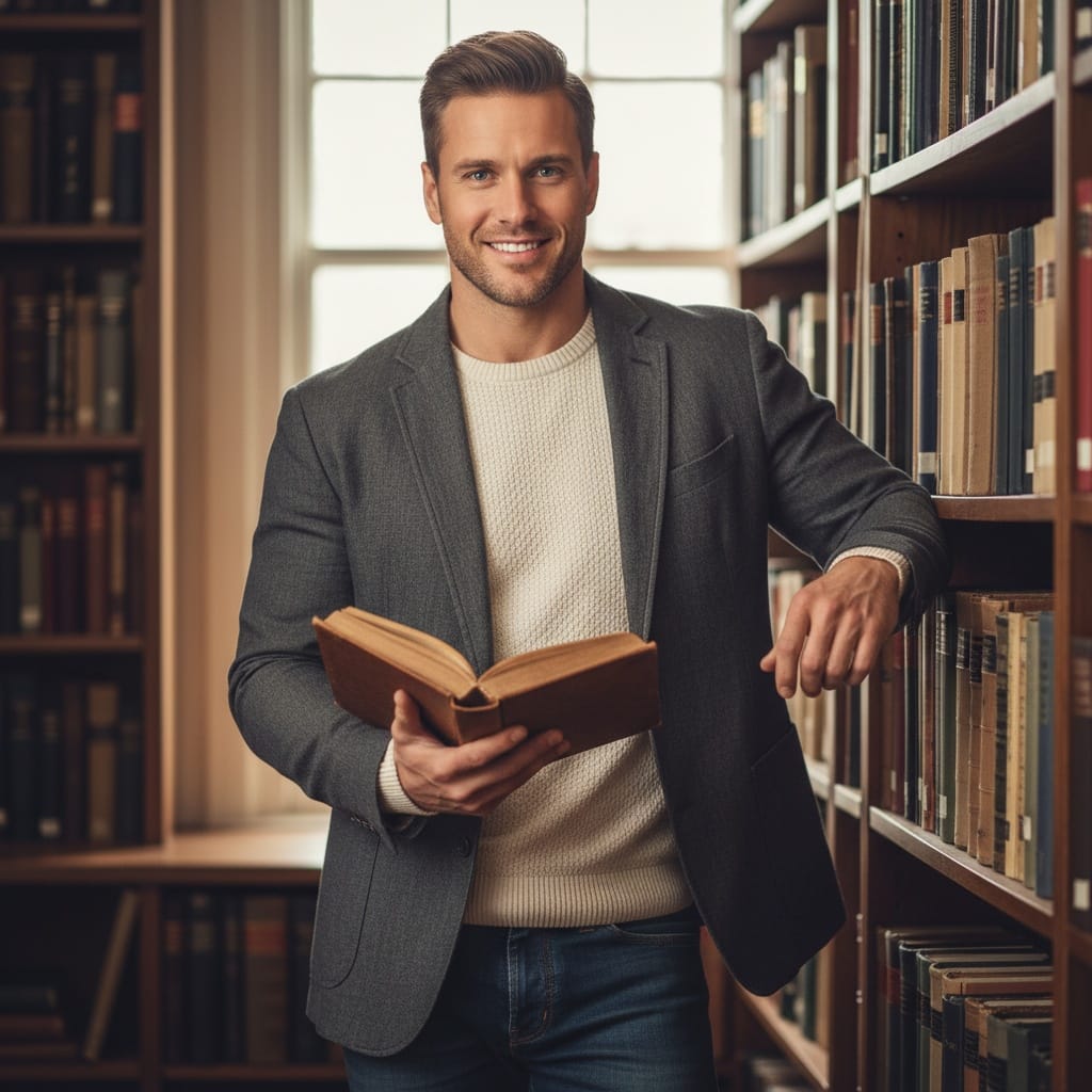 athletic white man bookstore library intellectual 69853361