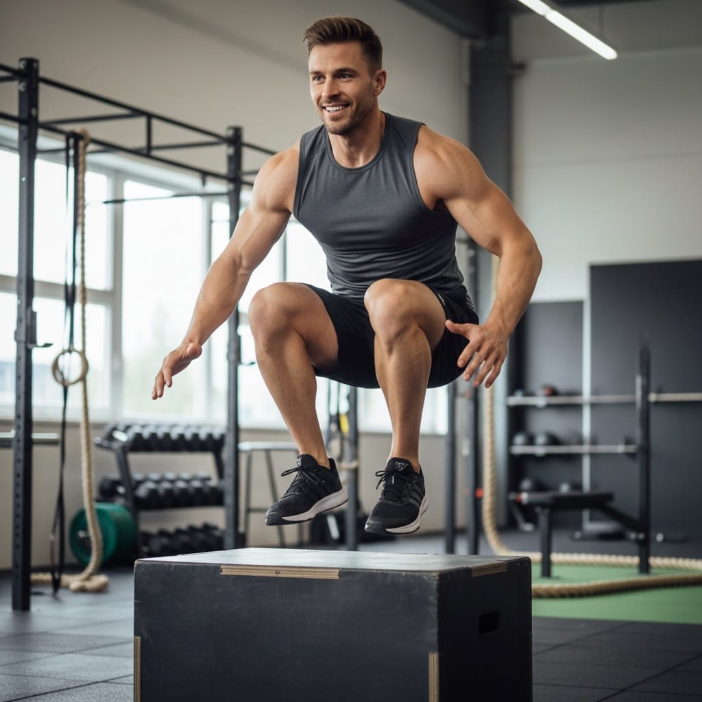 athletic white man box jump mid air 26727649