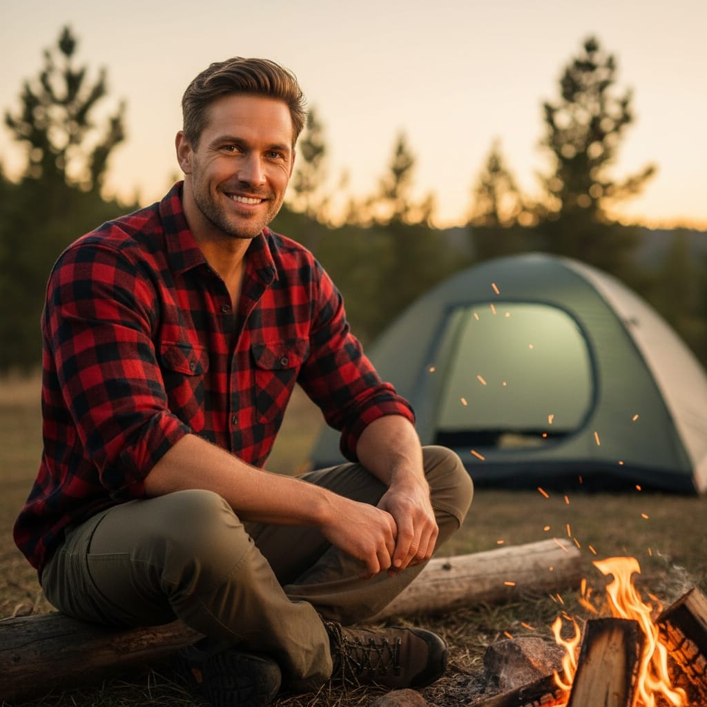 athletic white man campfire relaxed evening 52413513