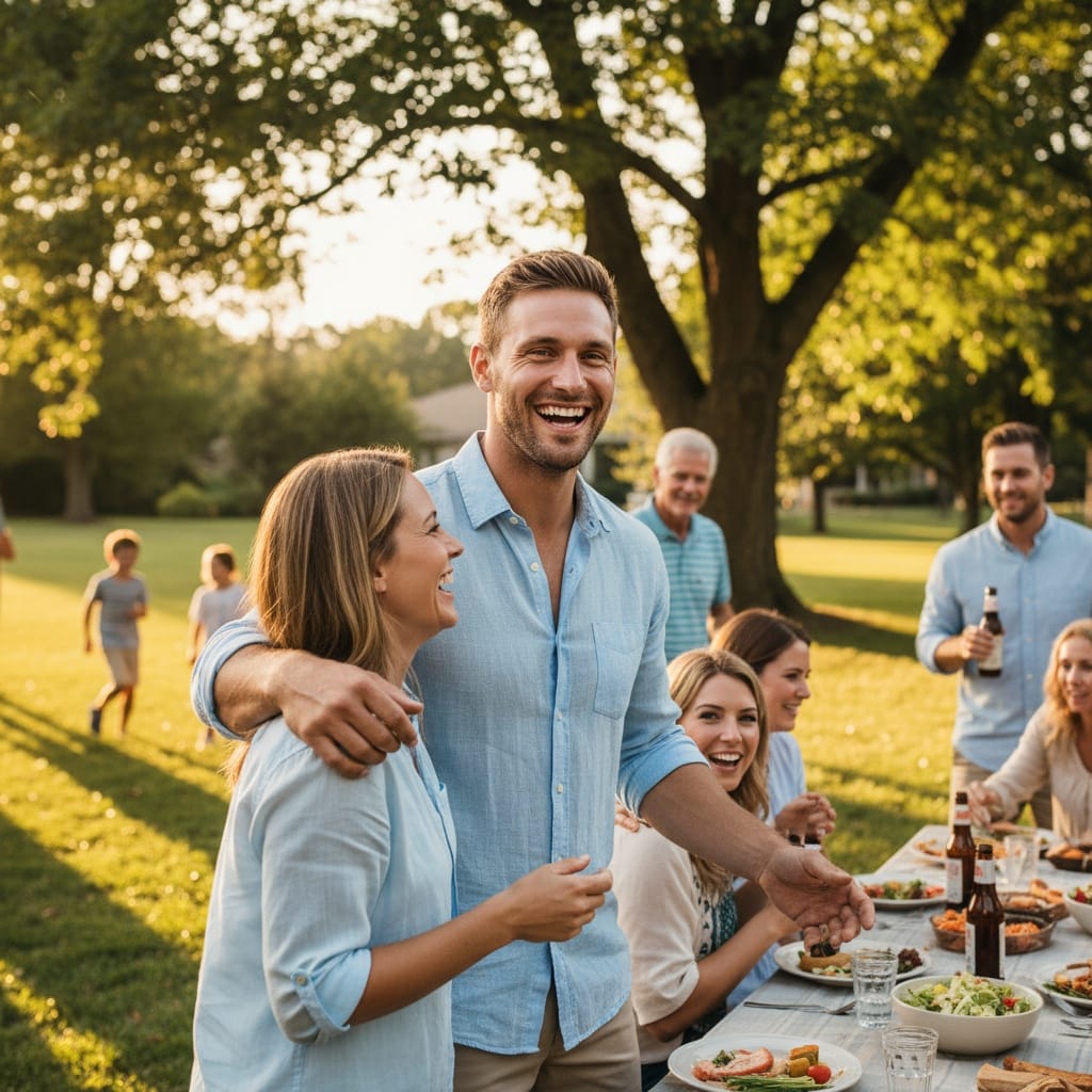 athletic white man candid outdoor gathering 84811267