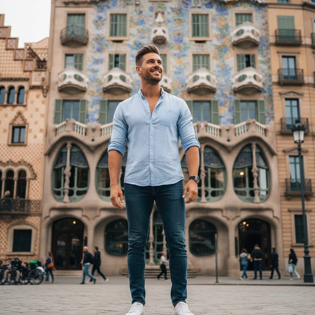 athletic white man casa batllo balcony facade 36673365
