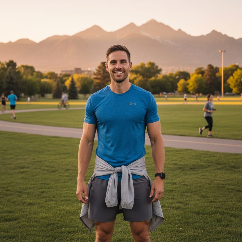 athletic white man city park mountain backdrop 67902759