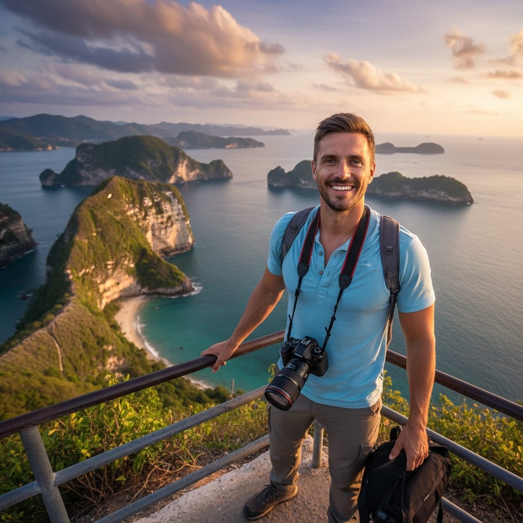 athletic white man cliff viewpoint panorama 60016078