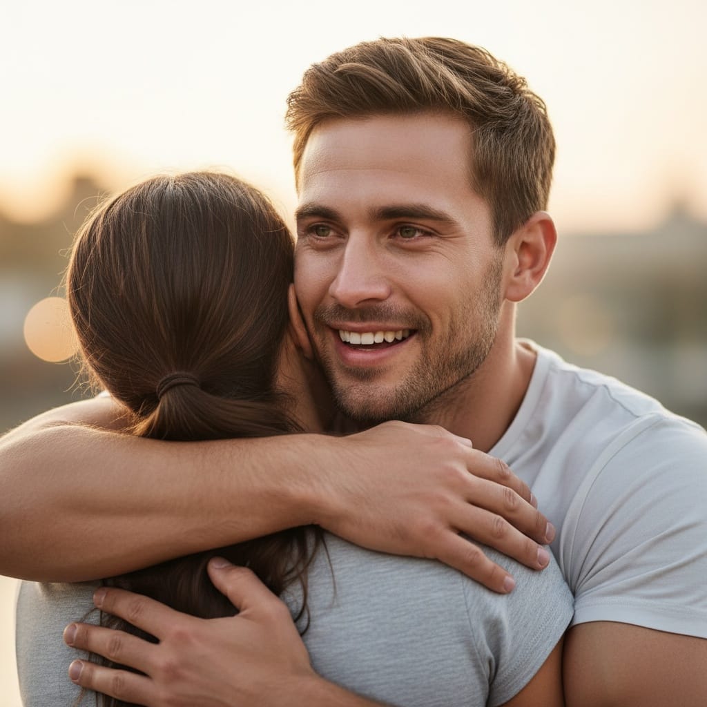 athletic white man close up emotional reunion 70577947
