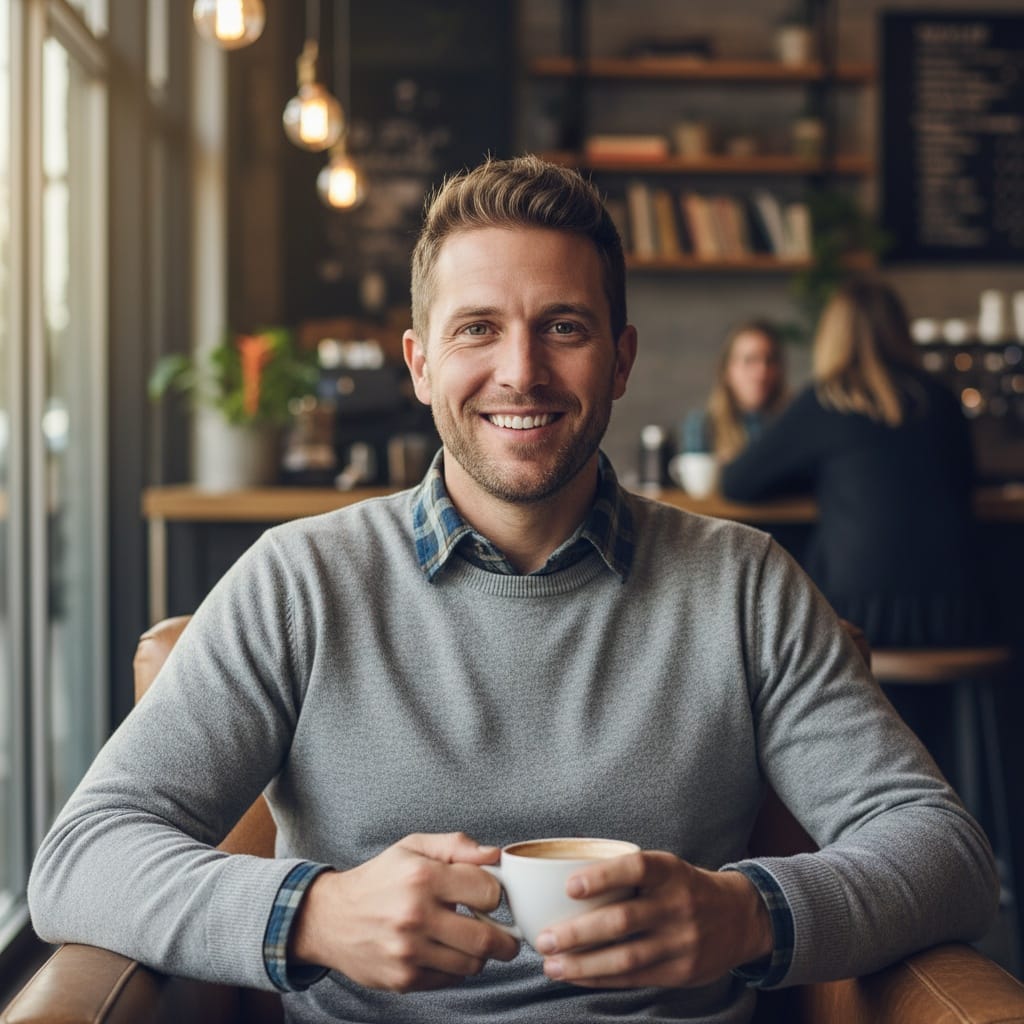 athletic white man coffee shop candid 70818131
