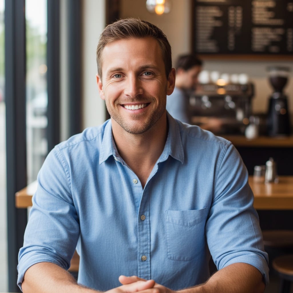 athletic white man coffee shop casual smile 61251865