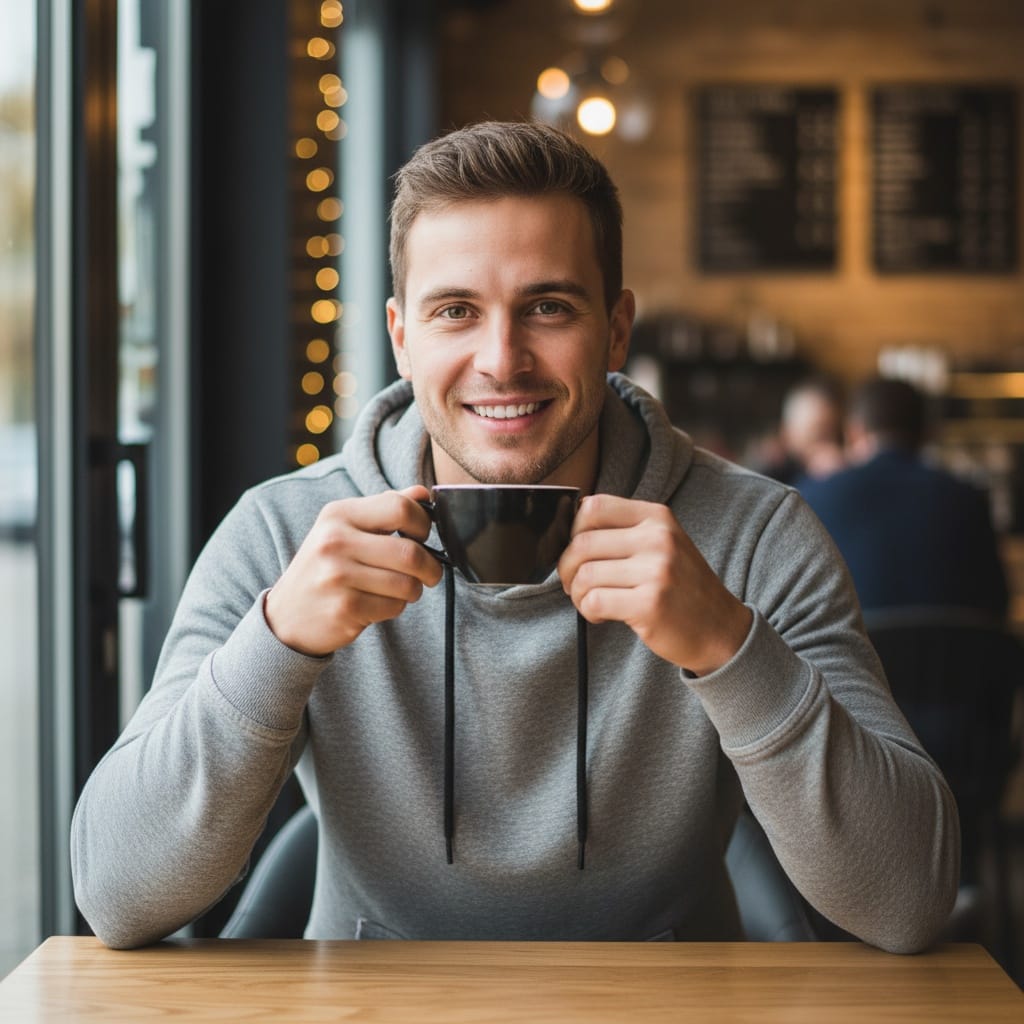 athletic white man coffee shop lifestyle shot 97286816