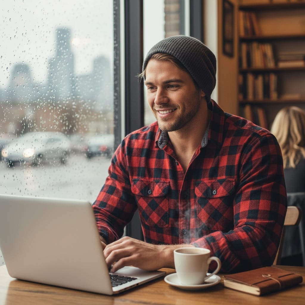 athletic white man coffee shop window seat 72797117