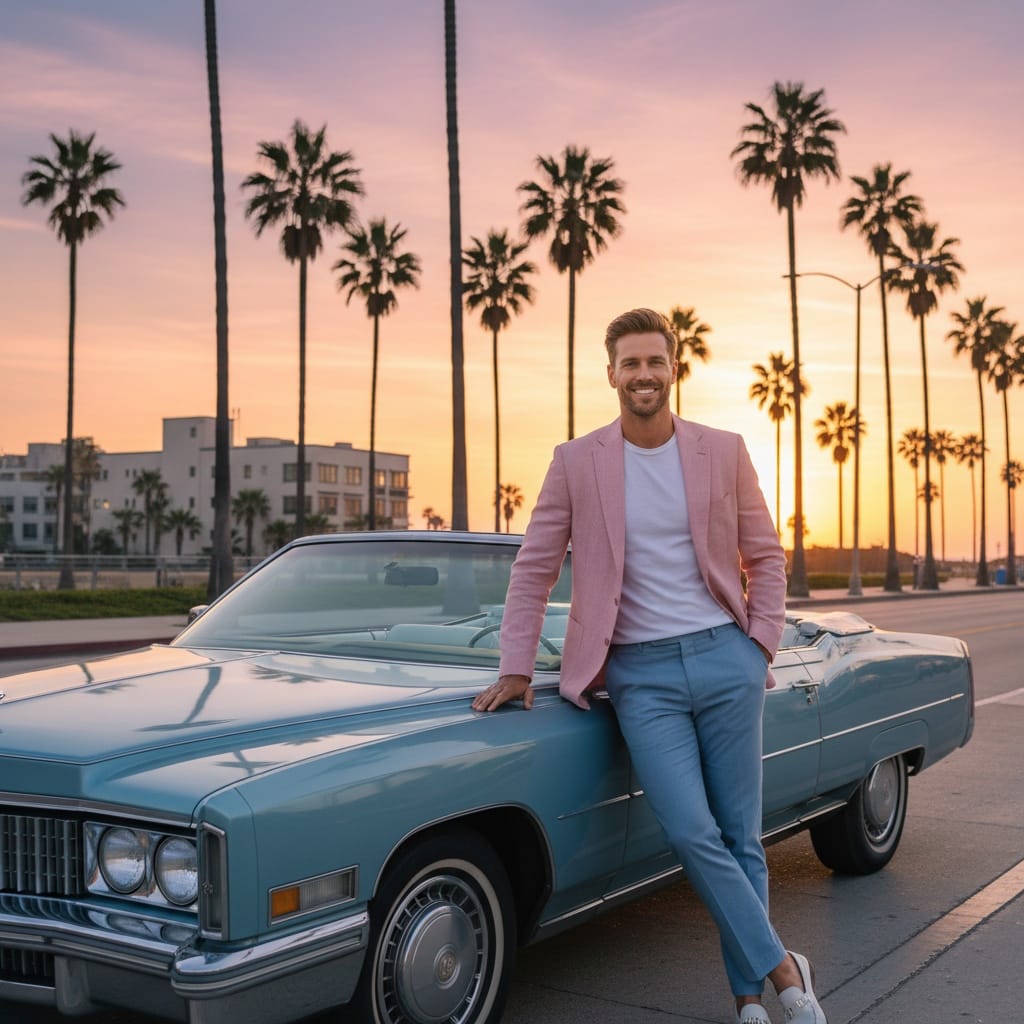 athletic white man convertible sunset glamour 67735151
