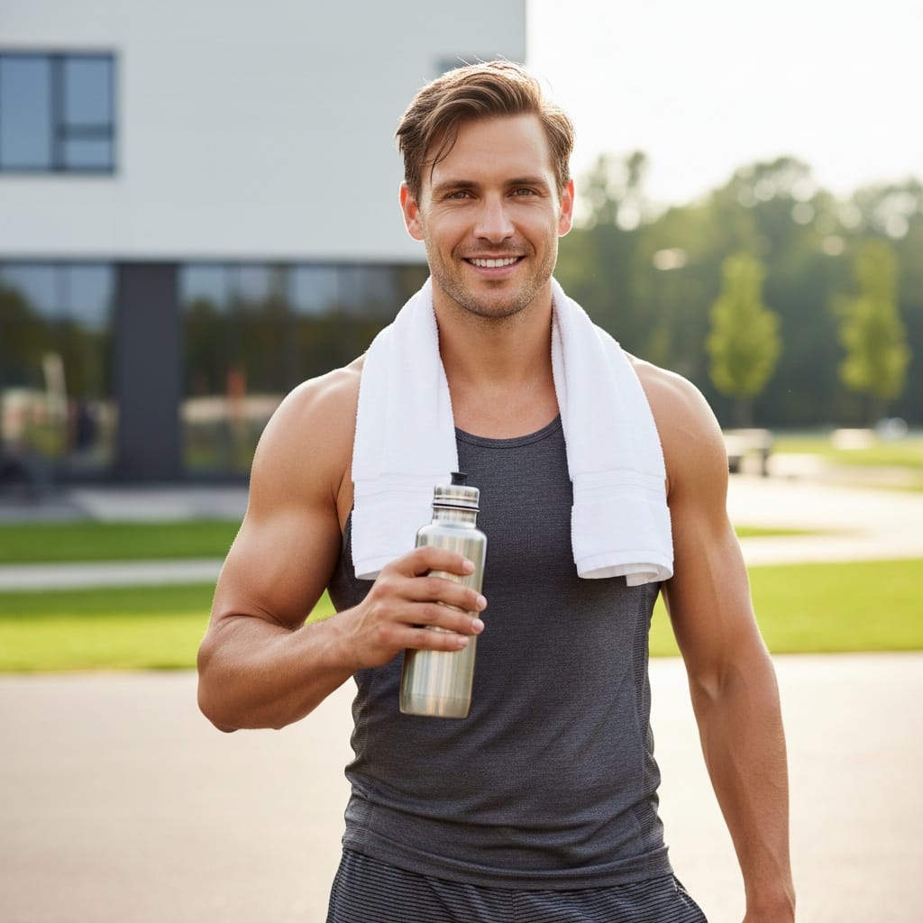 athletic white man cooldown water break 62921894