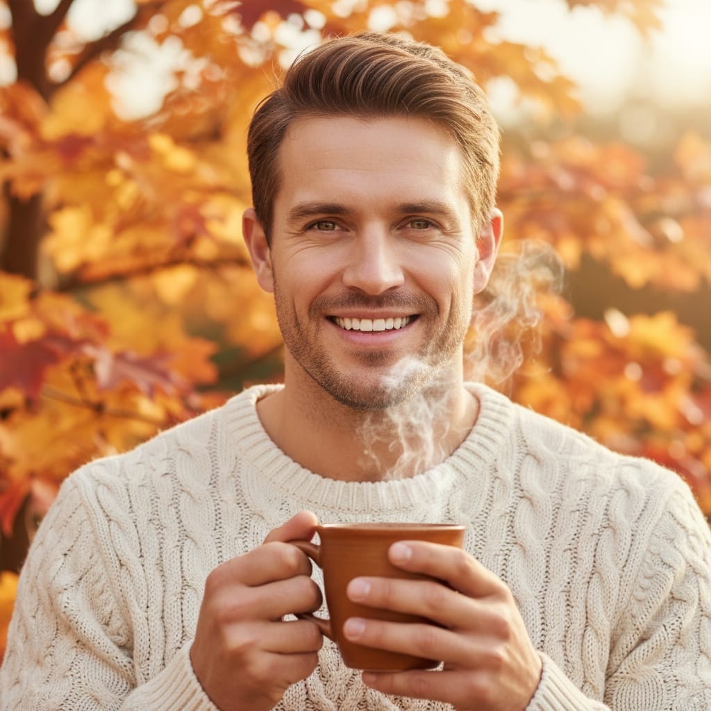 athletic white man cozy coffee fall portrait 54087675