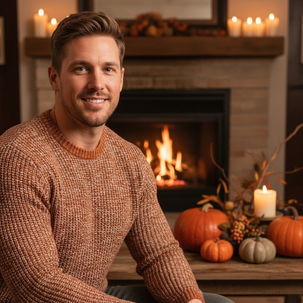 athletic white man cozy fireplace thanksgiving 66666610