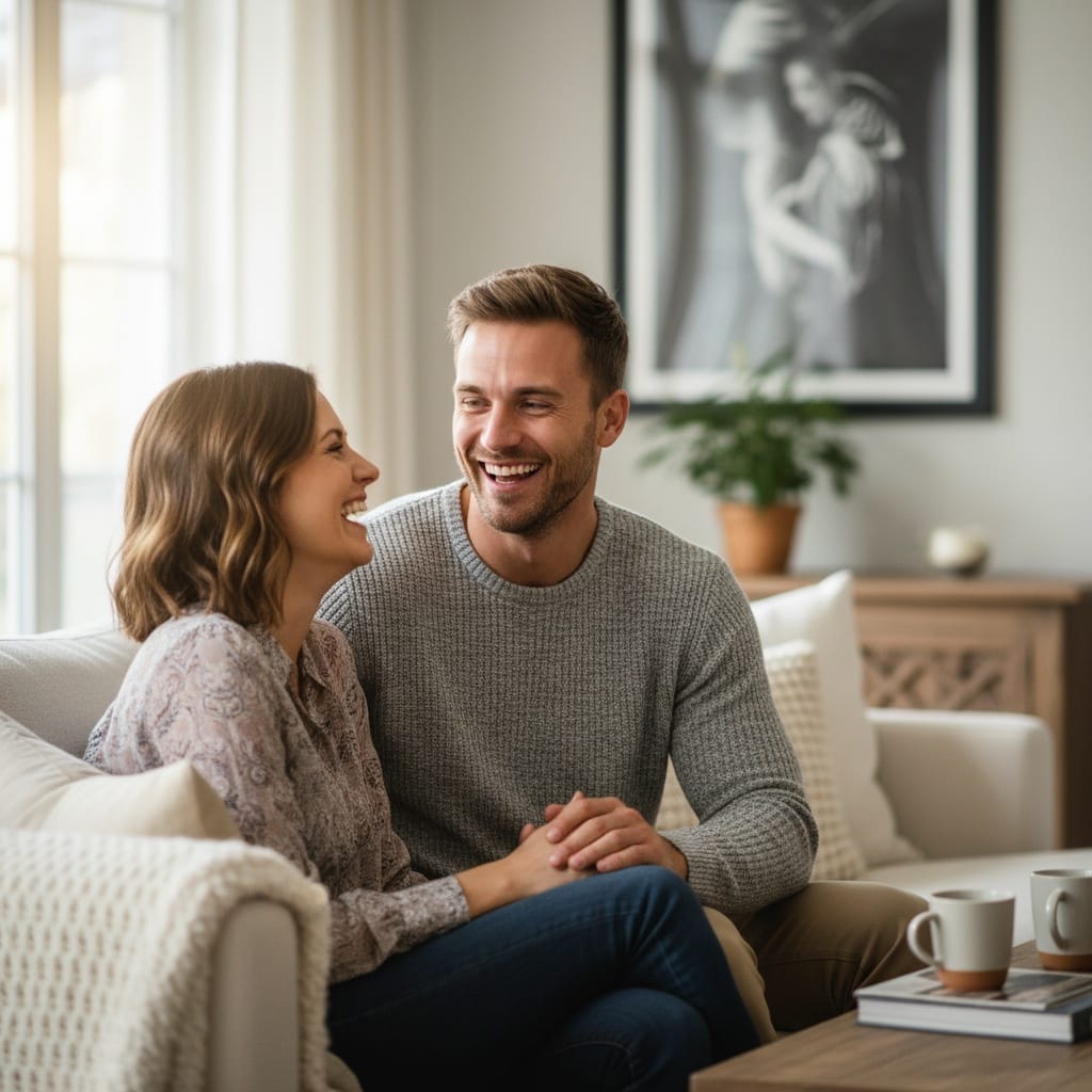 athletic white man cozy home laughing 48554687