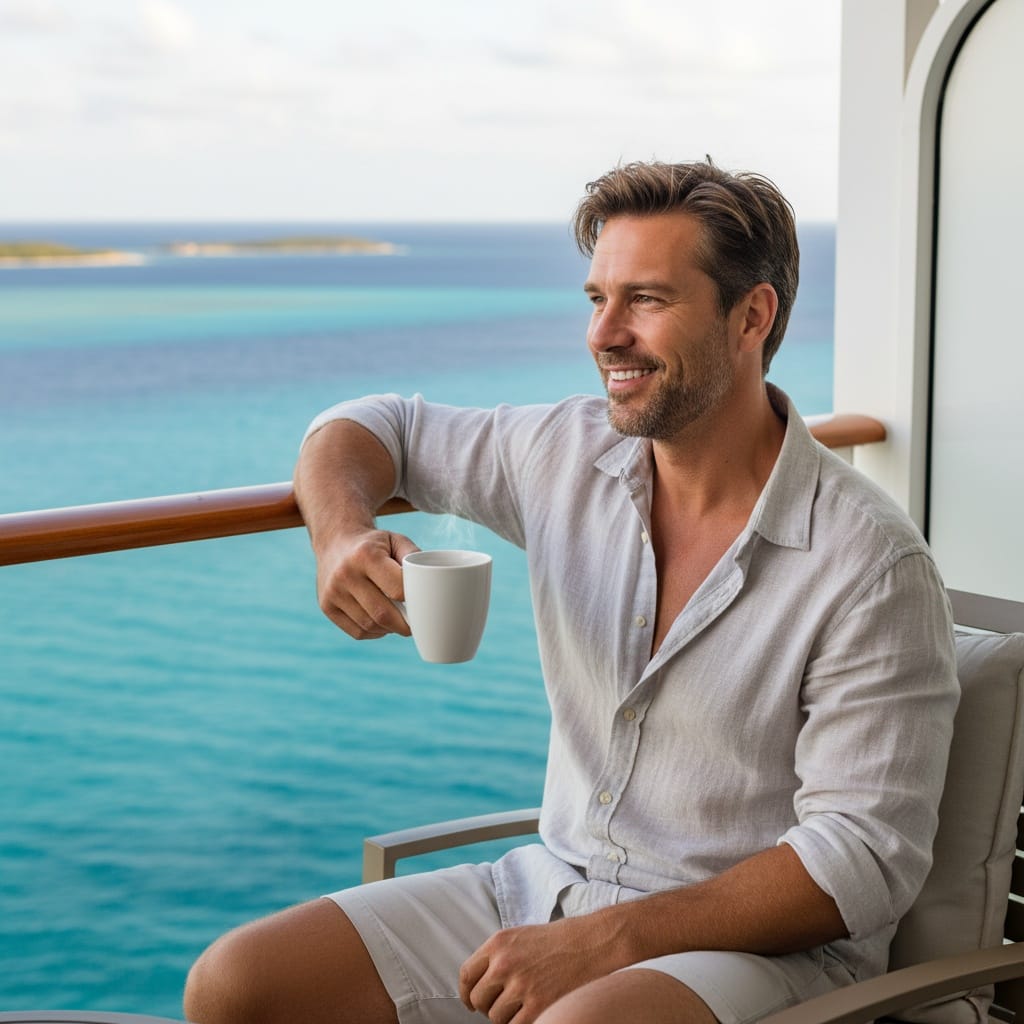 athletic white man cruise ship balcony morning 98518714