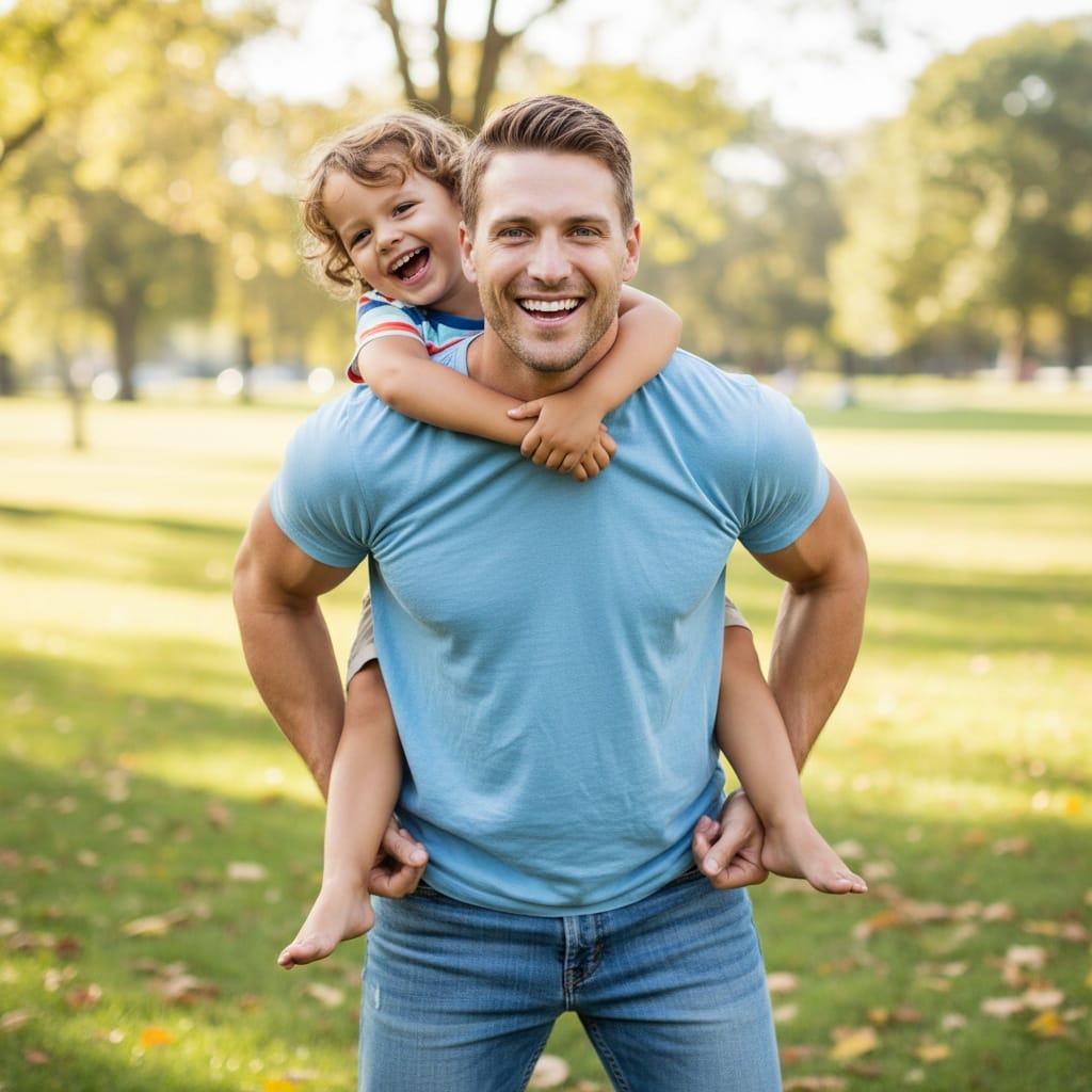 athletic white man dad piggyback ride laughing 45023399