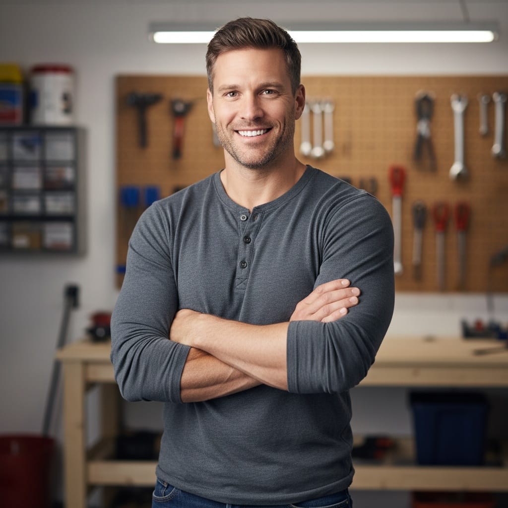 athletic white man dad portrait arms crossed 69506254