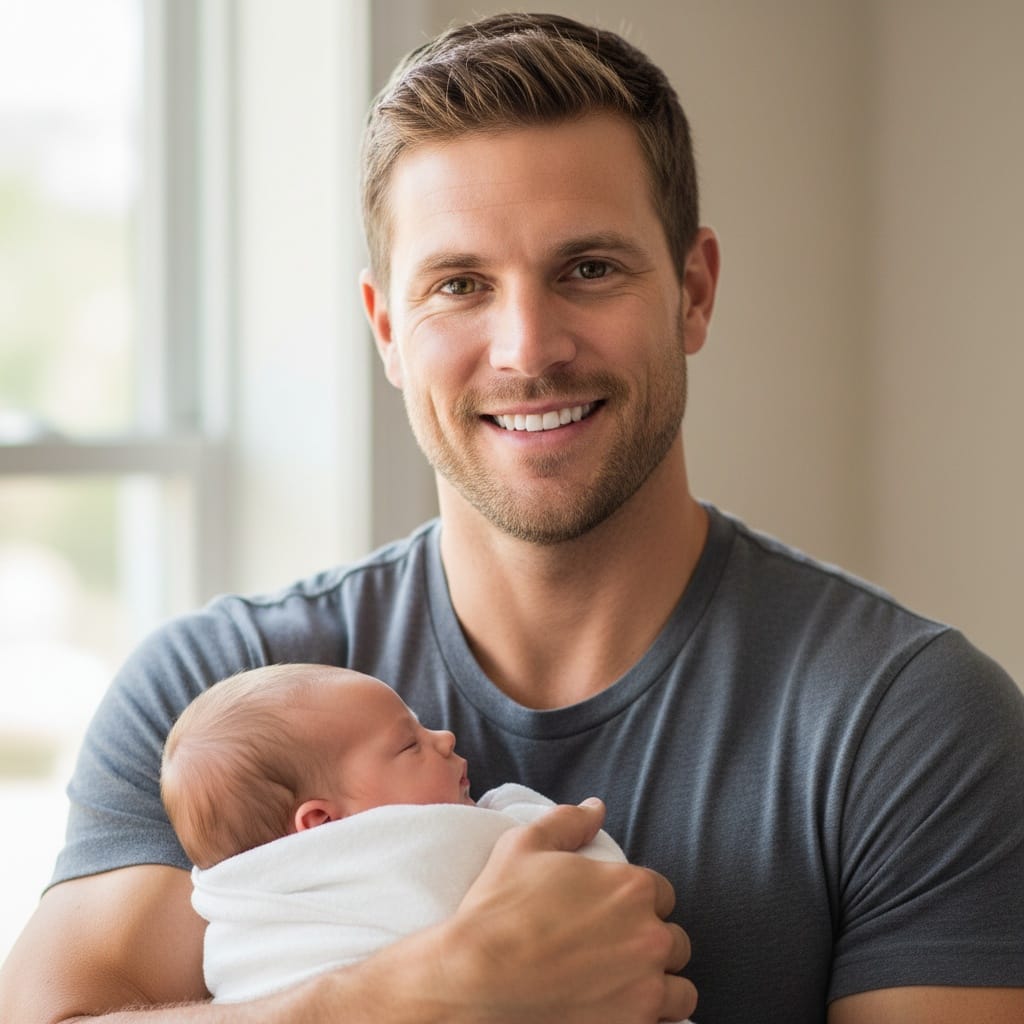 athletic white man dad with baby close up 87008284