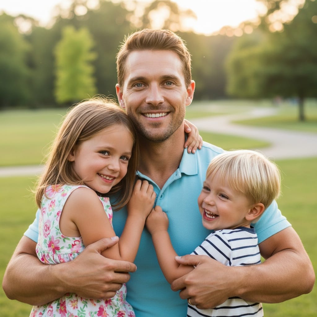athletic white man dad with kids outdoor hug 44168436