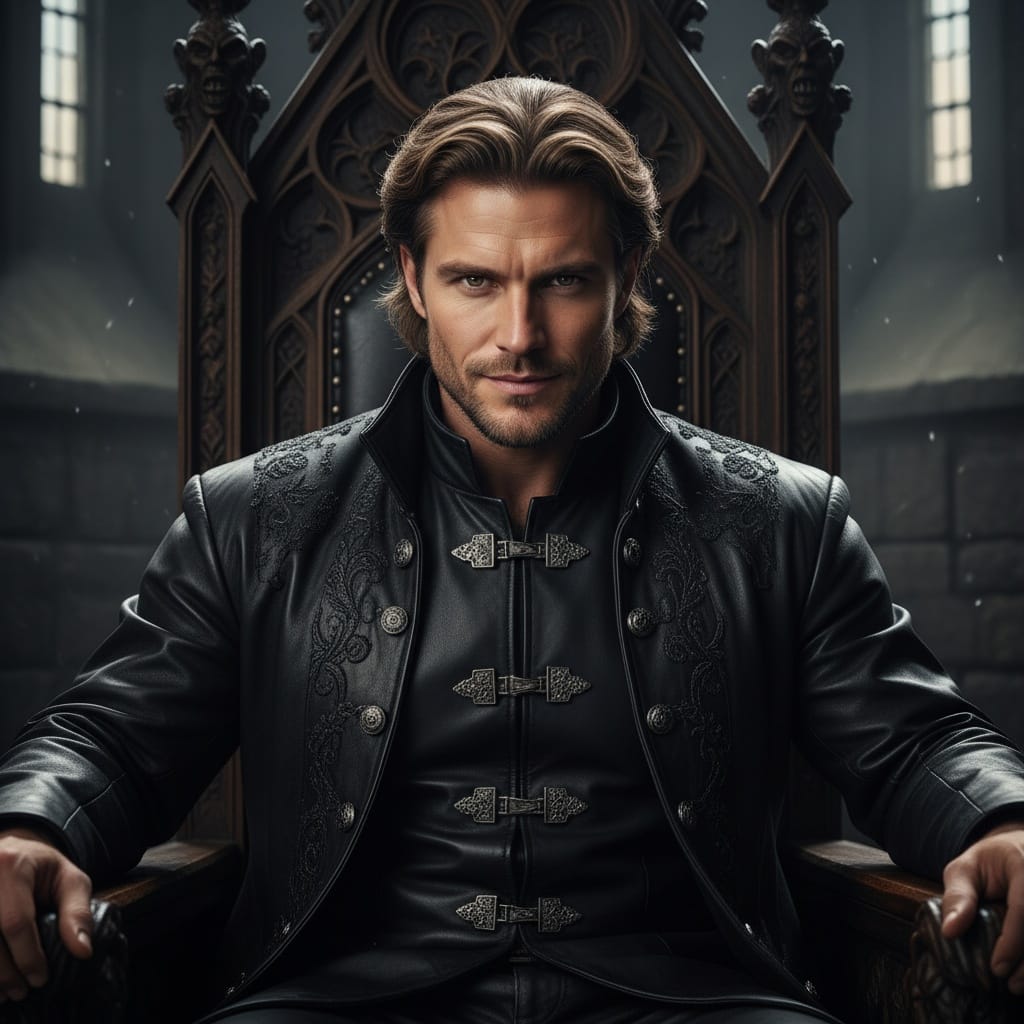 athletic white man dark throne room ruler 26235583